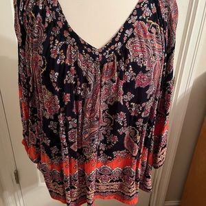 Ladies XL Bila 100% rayon Navy & Orange multiple color paisley v-neck shirt